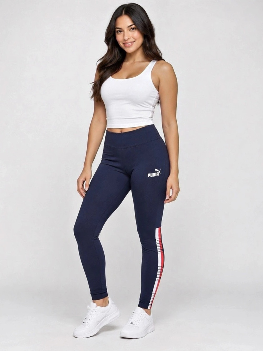 PUMA Women’s XS Logo Tape Leggings Navy Blue Red White NWT 852141-06